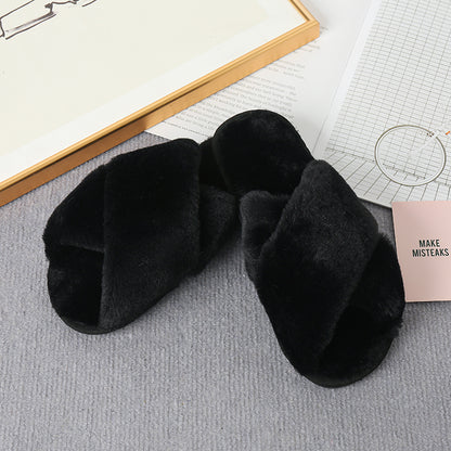 Faux Fur Crisscross Strap Slippers-Jewearrings