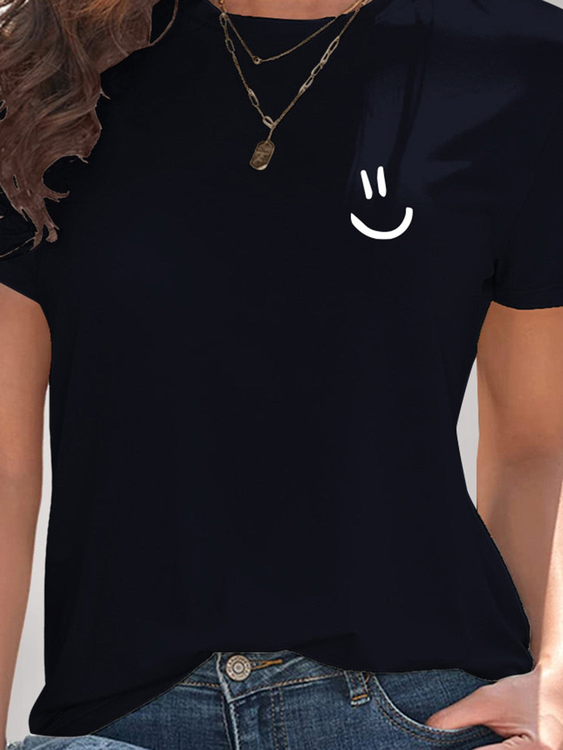 Smile Graphic Round Neck Short Sleeve T-Shirt-Jewearrings