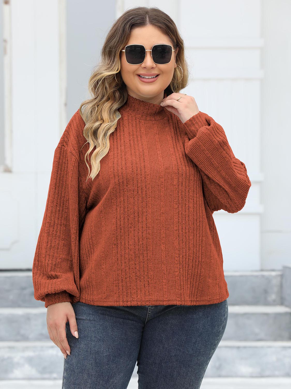 Plus Size Mock Neck Long Sleeve Knit Top-Jewearrings