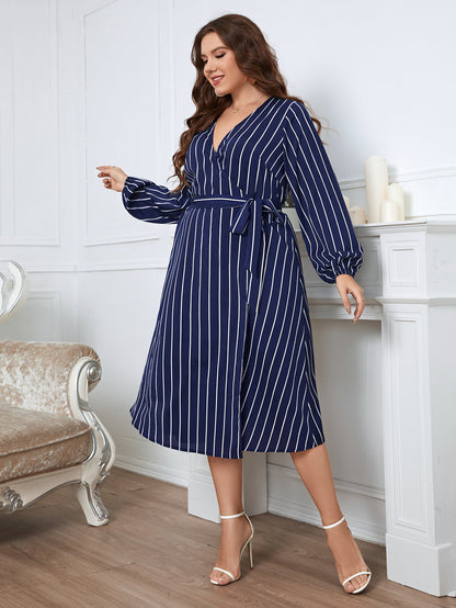 Melo Apparel Plus Size Striped Surplice Neck Long Sleeve Dress-Jewearrings