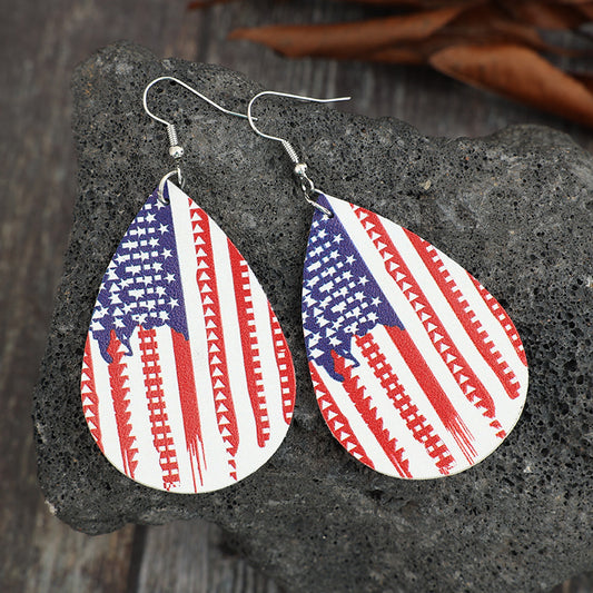 PU Leather US Flag Teardrop Shape Earrings-Jewearrings