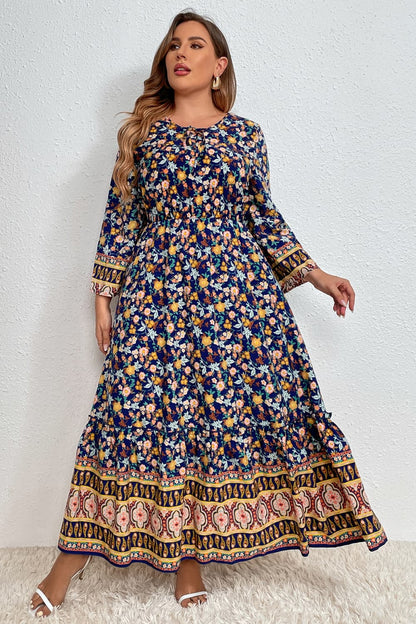 Melo Apparel Plus Size Bohemian Round Neck Maxi Dress-Jewearrings