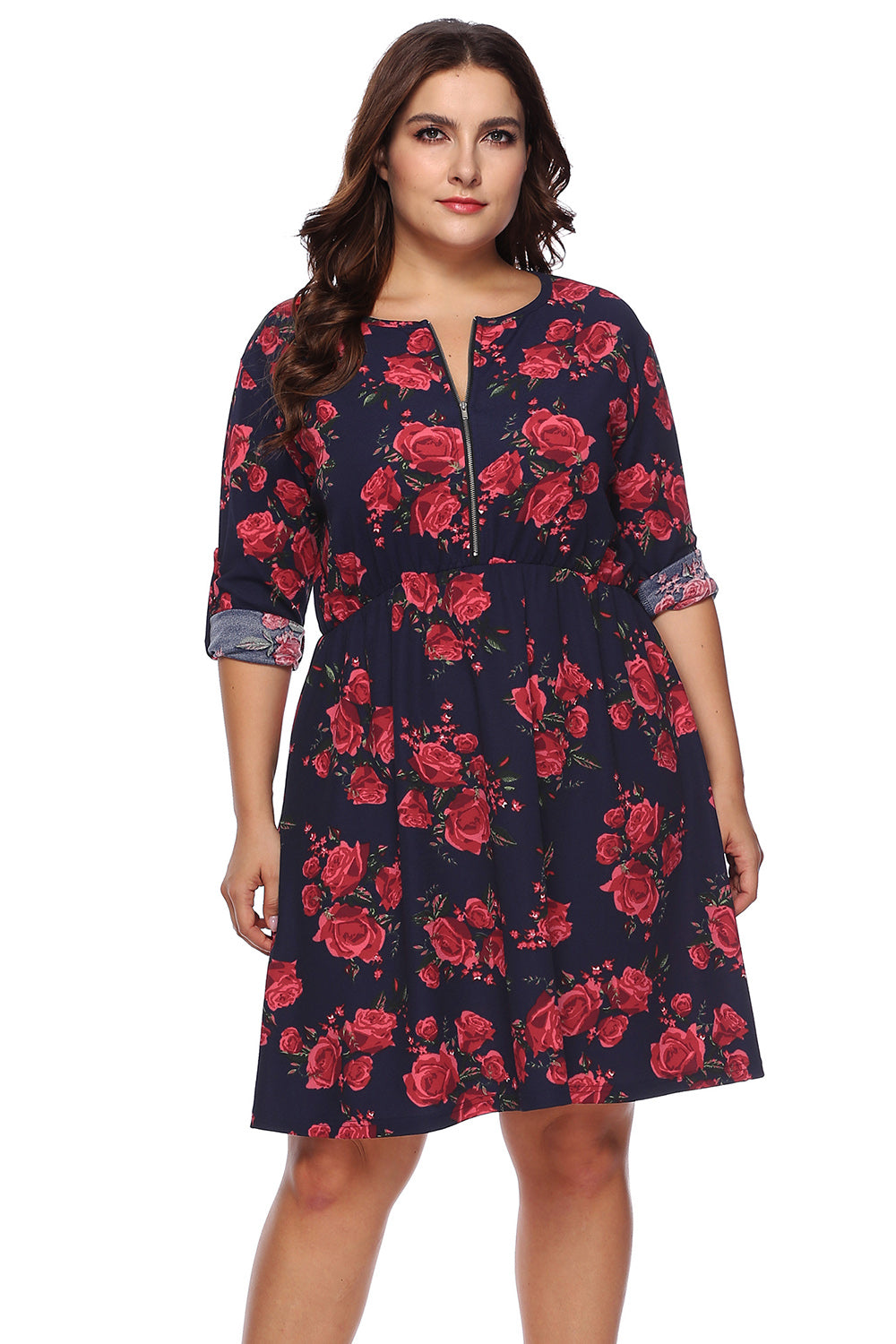 Plus Size Floral Print Half Zip Up Dress-Jewearrings