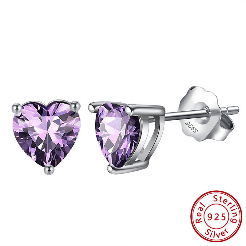 S925 Loving Heart In Sterling Silver Zircon Birthstone Stud Earrings-Jewearrings