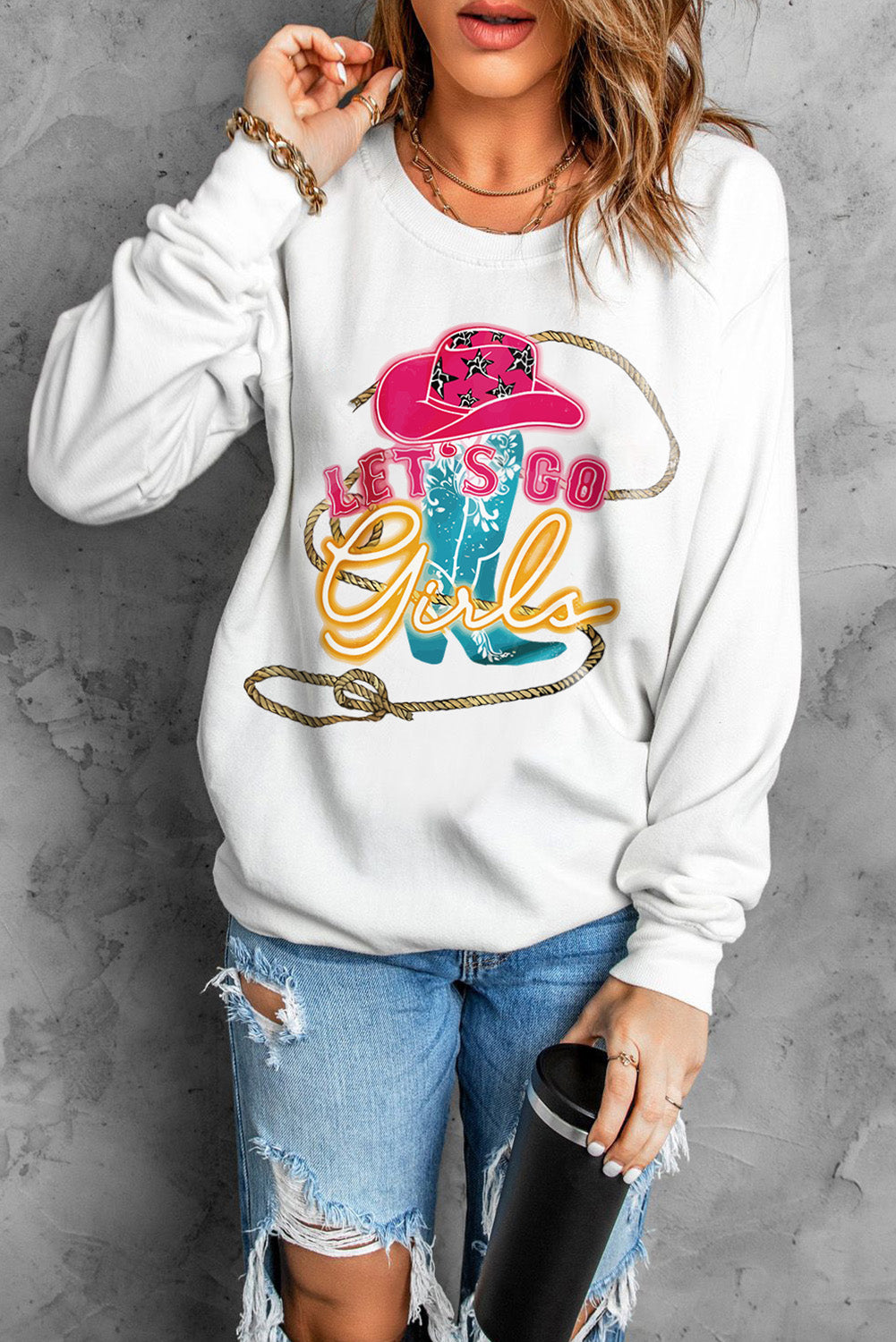 LET'S GO GIRLS Graphic Round Neck Sweatshirt-Jewearrings