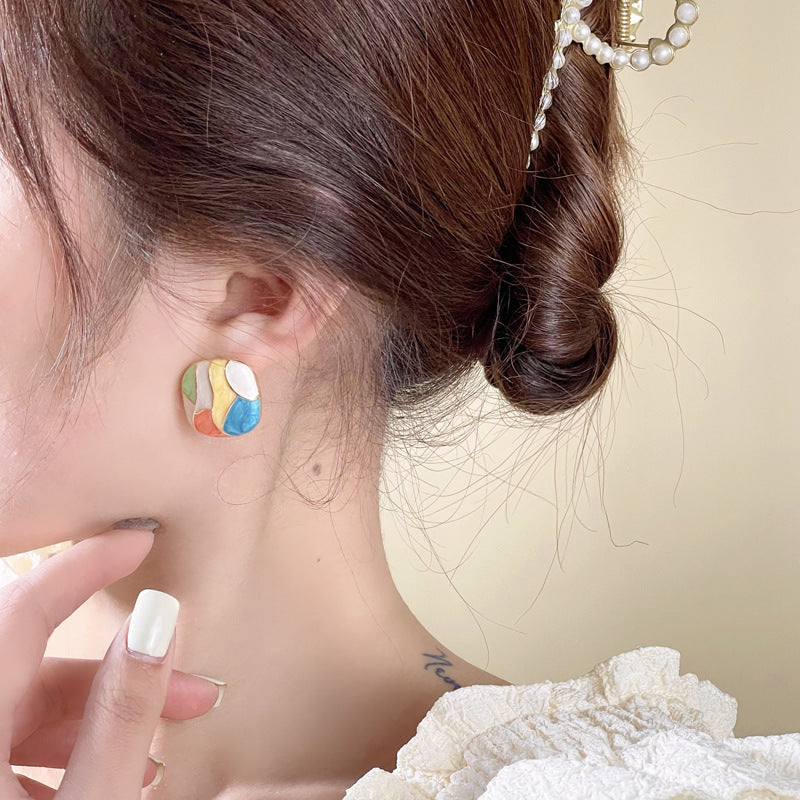 Silver Needle Cool Contrast Color Oil Painting Style Stud Earrings Retro-Jewearrings