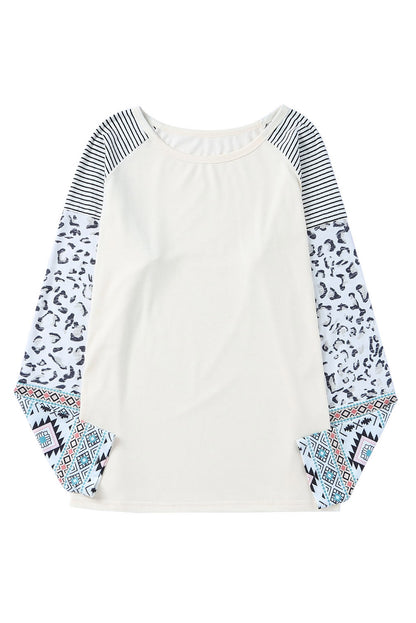 Plus Size Mixed Print Raglan Sleeve Round Neck Top-Jewearrings