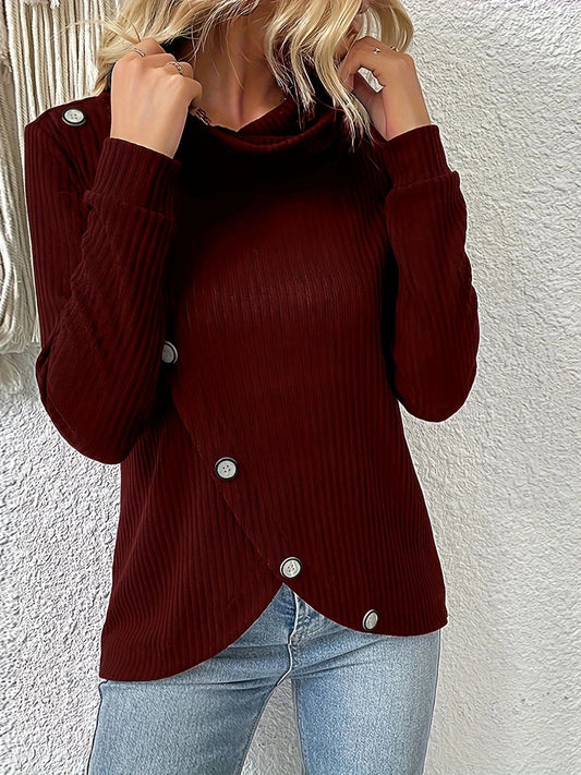 Decorative Button Turtleneck Long Sleeve T-Shirt-Jewearrings