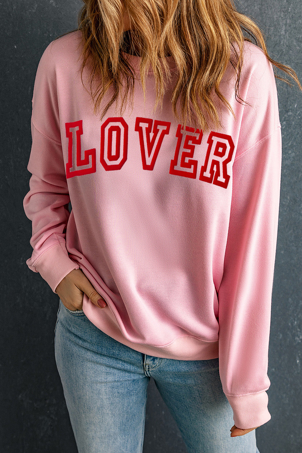 LOVER Round Neck Dropped Shoulder Sweatshirt-Jewearrings