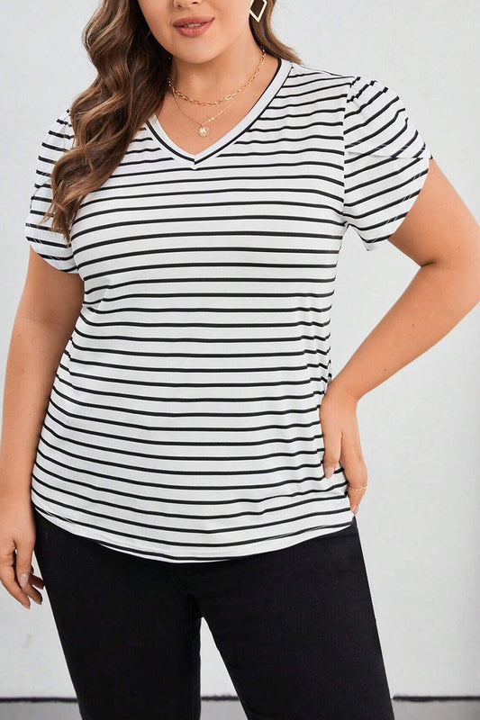 Plus Size Striped V-Neck Short Sleeve T-Shirt-Jewearrings