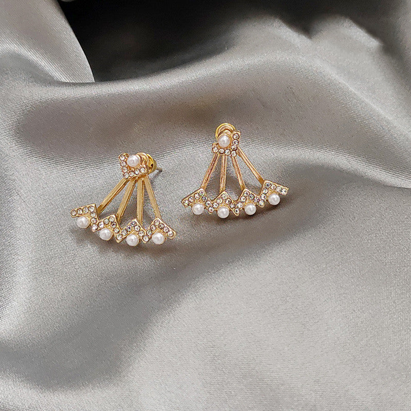 Retro Earrings Female Dongdaemun Pearl Rhinestone Personalized Fan Shape-Jewearrings