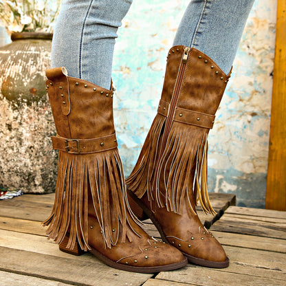 Studded Fringe Block Heel Boots-Jewearrings