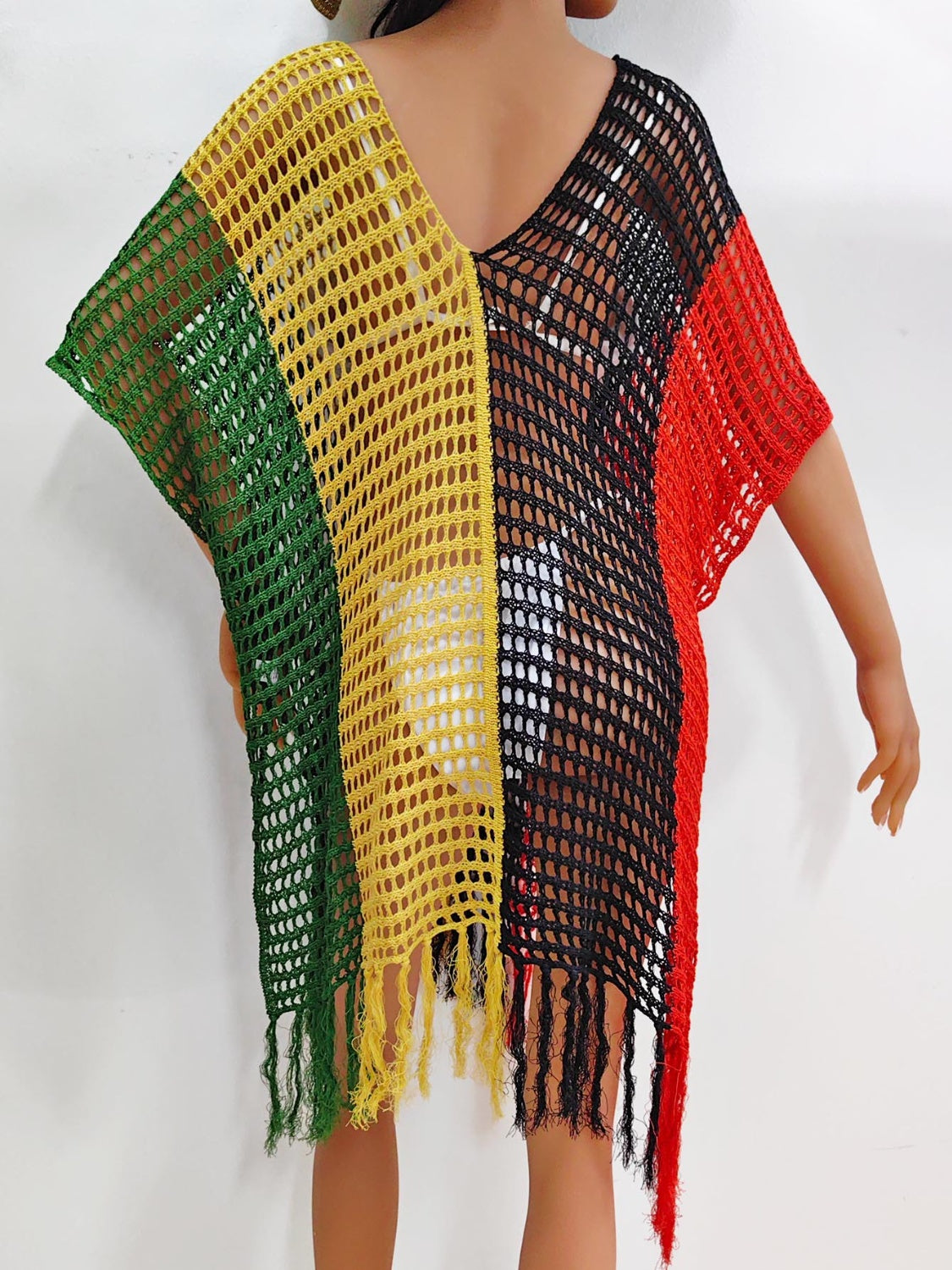 Fringe Color Block Scoop Neck Cover Up-Jewearrings