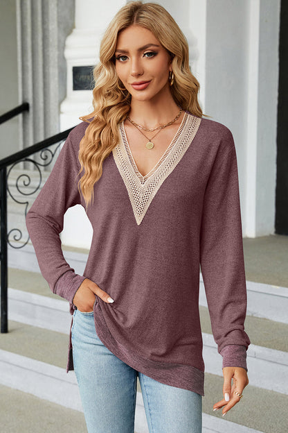 Slit V-Neck Long Sleeve T-Shirt-Jewearrings