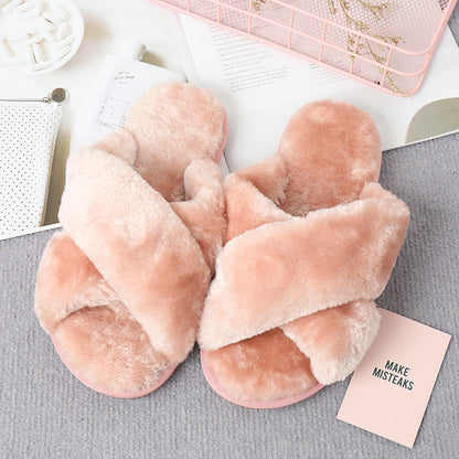 Faux Fur Crisscross Strap Slippers-Jewearrings