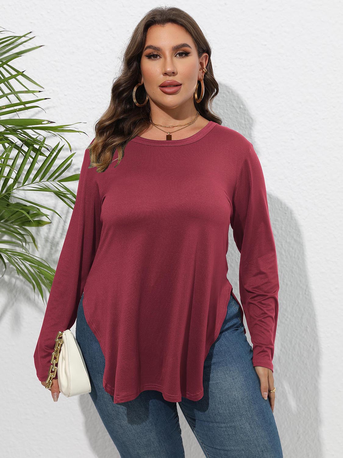 Plus Size Round Neck Long Sleeve Slit T-Shirt-Jewearrings