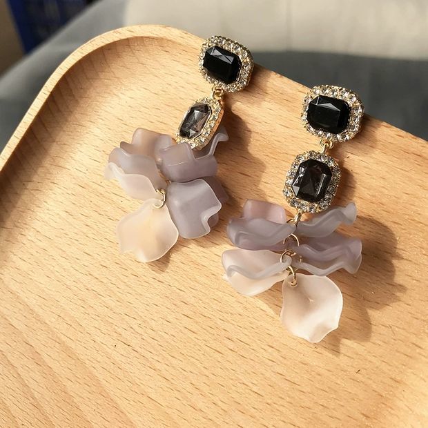 925 Silver Needle Crystal Stud Black Rose Petals Eardrops Frosty Style Earrings-Jewearrings