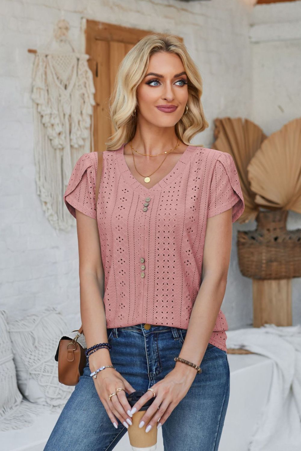 Decorative Button Eyelet V-Neck Short Sleeve T-Shirt-Jewearrings