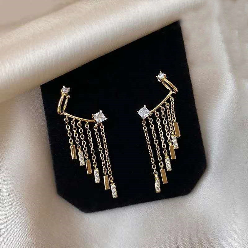 European And American Style Zircon Tassel Earrings Personality Cold Wind Ear Bone Clip Women-Jewearrings