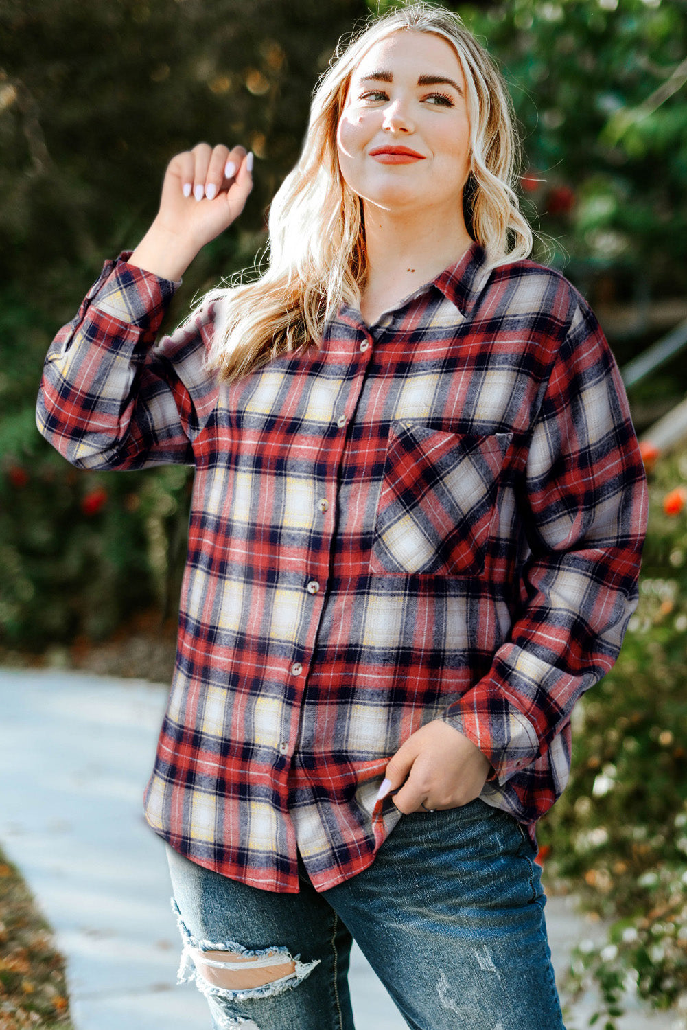 Plus Size Plaid Collared Neck Shirt-Jewearrings