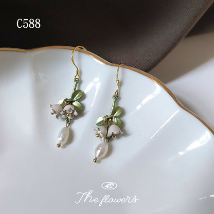 Lily Freshwater Pearl 925 Silver Needle Handmade Earrings Paint Green Tassel-Jewearrings