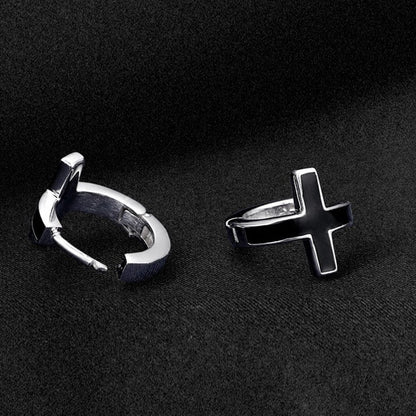 Men's Silver Black Cross Earrings-Jewearrings