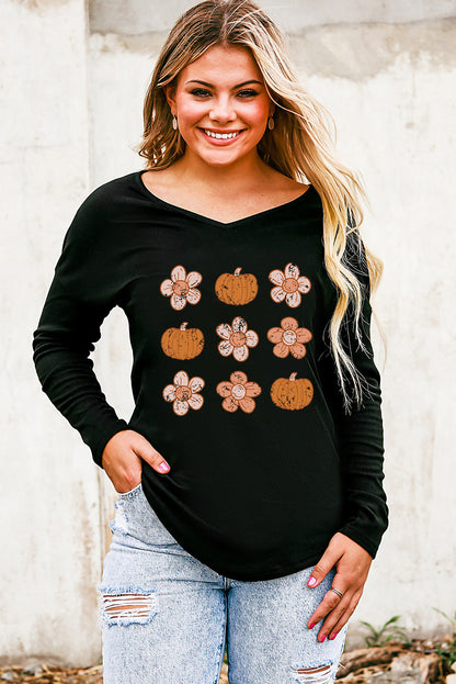 V-Neck Short Sleeve Pumpkin & Flower Graphic T-Shirt-Jewearrings