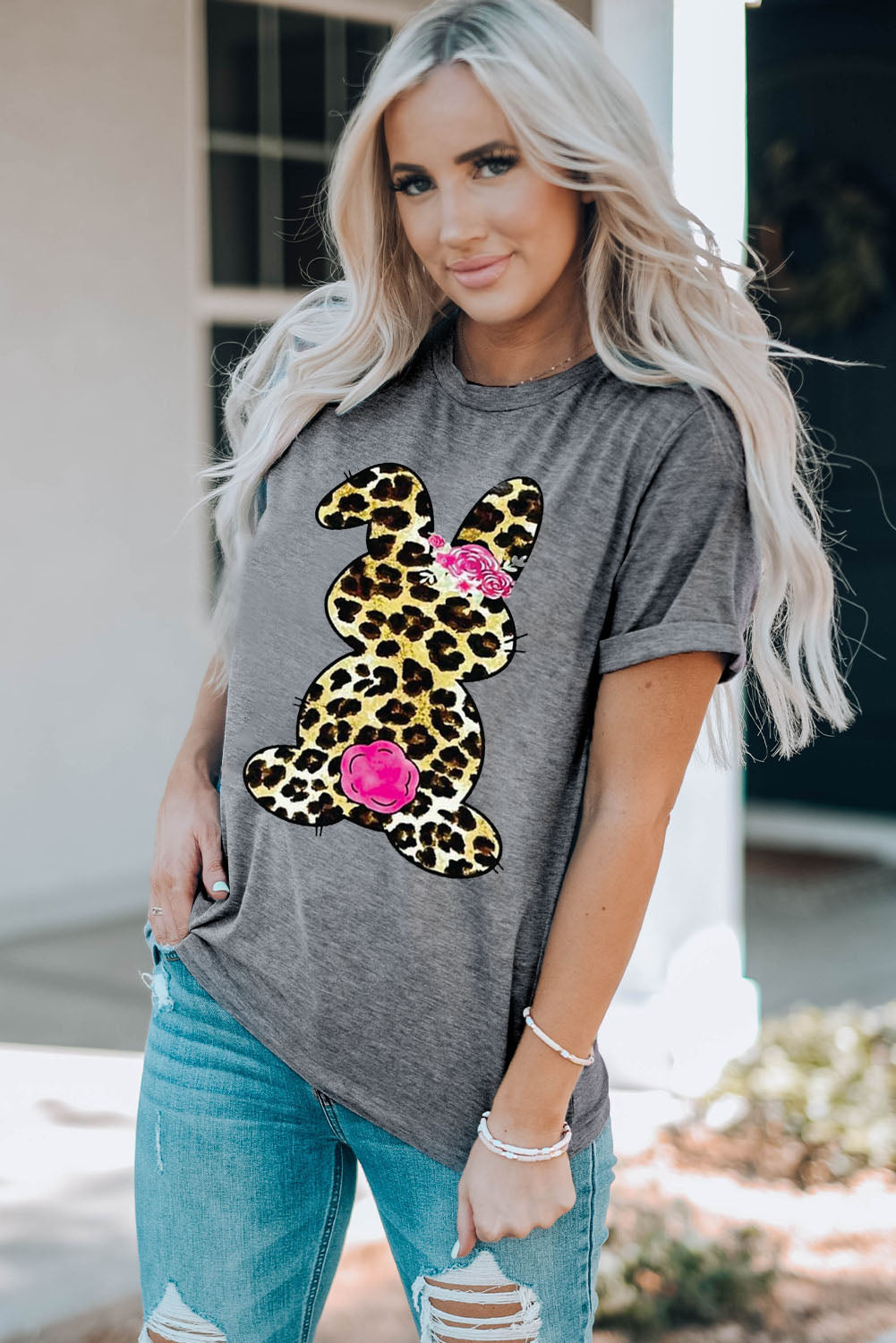 Leopard Bunny Graphic Cuffed Tee Shirt-Jewearrings