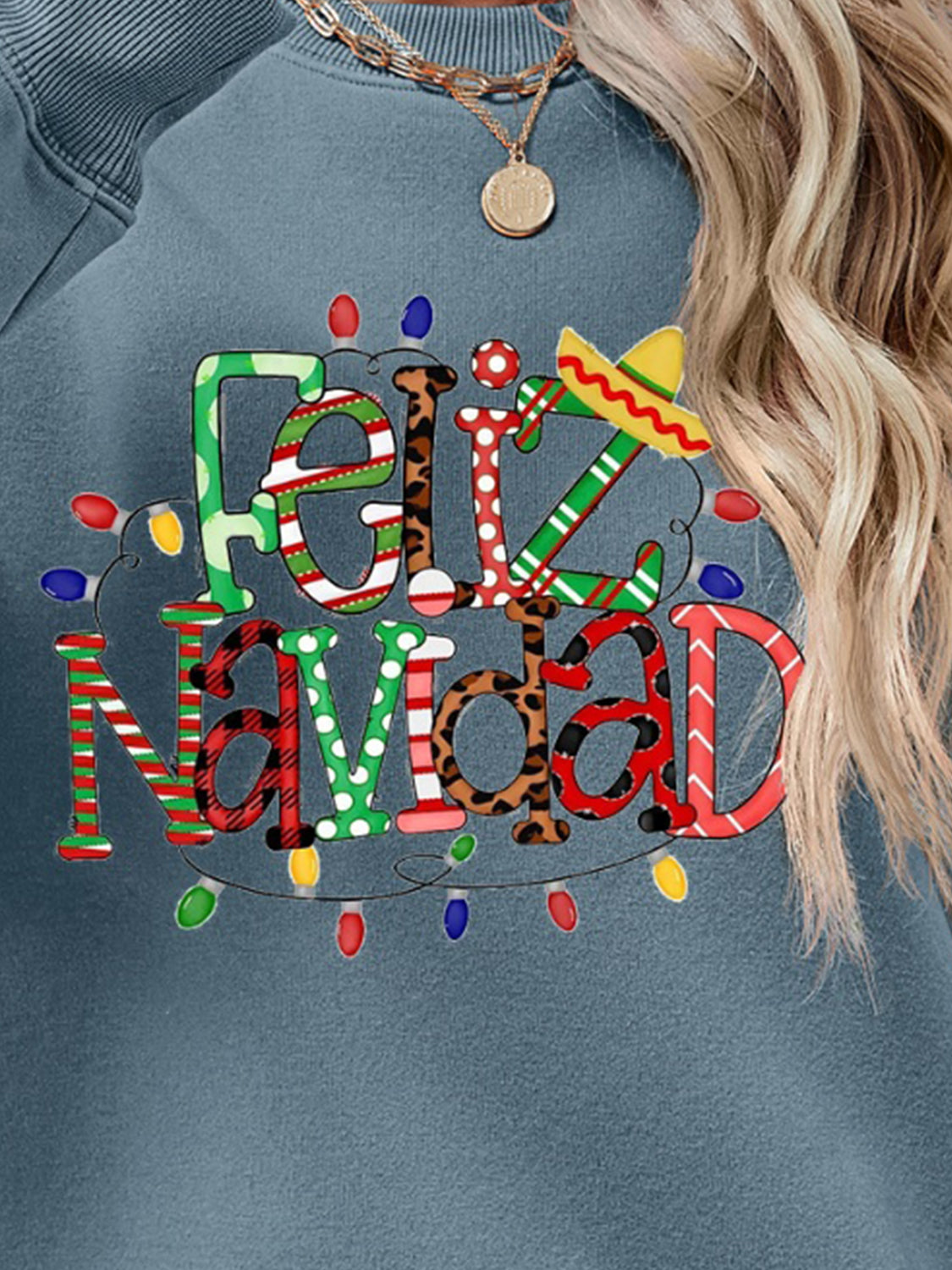 FELIZ NAVIDAD Round Neck Drop Shoulder Sweatshirt-Jewearrings