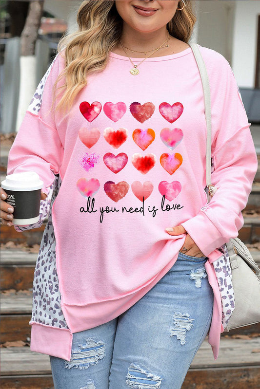 Plus Size Heart Leopard Dropped Shoulder Sweatshirt-Jewearrings