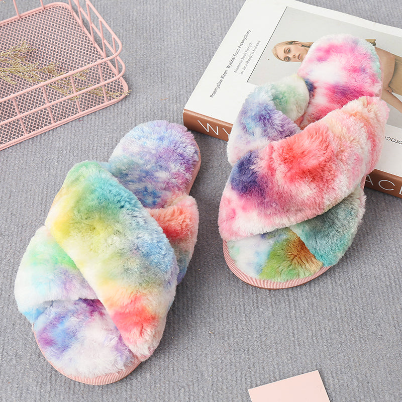 Faux Fur Crisscross Strap Slippers-Jewearrings