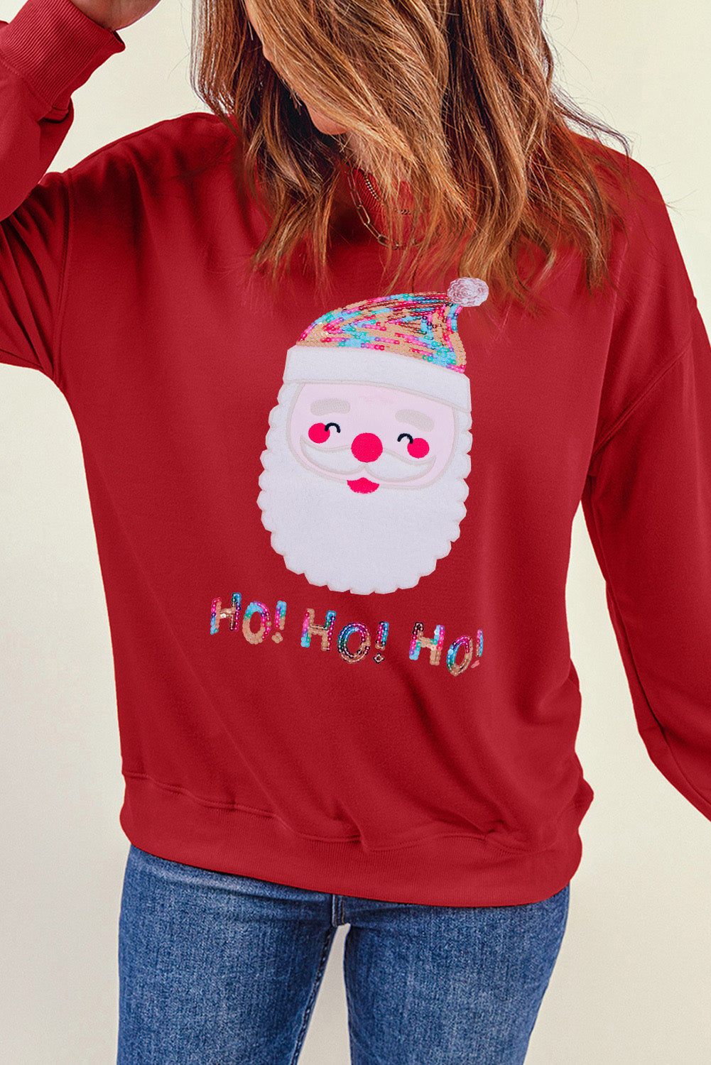 Sequin Santa Graphic Round Neck Sweatshirt-Jewearrings