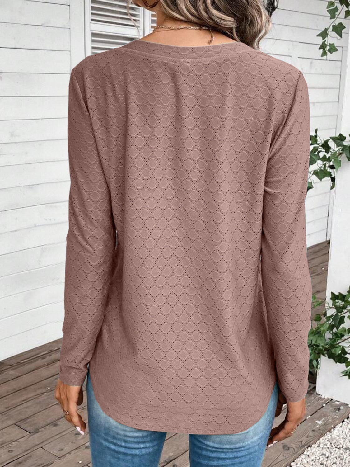 Eyelet V-Neck Long Sleeve T-Shirt-Jewearrings