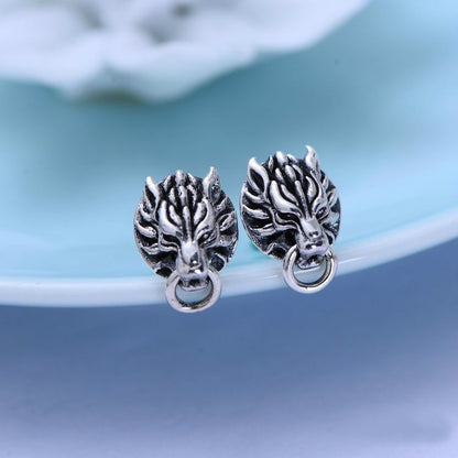 Retro Thai Silver Personality Wolf Head Men's Stud Earrings-Jewearrings