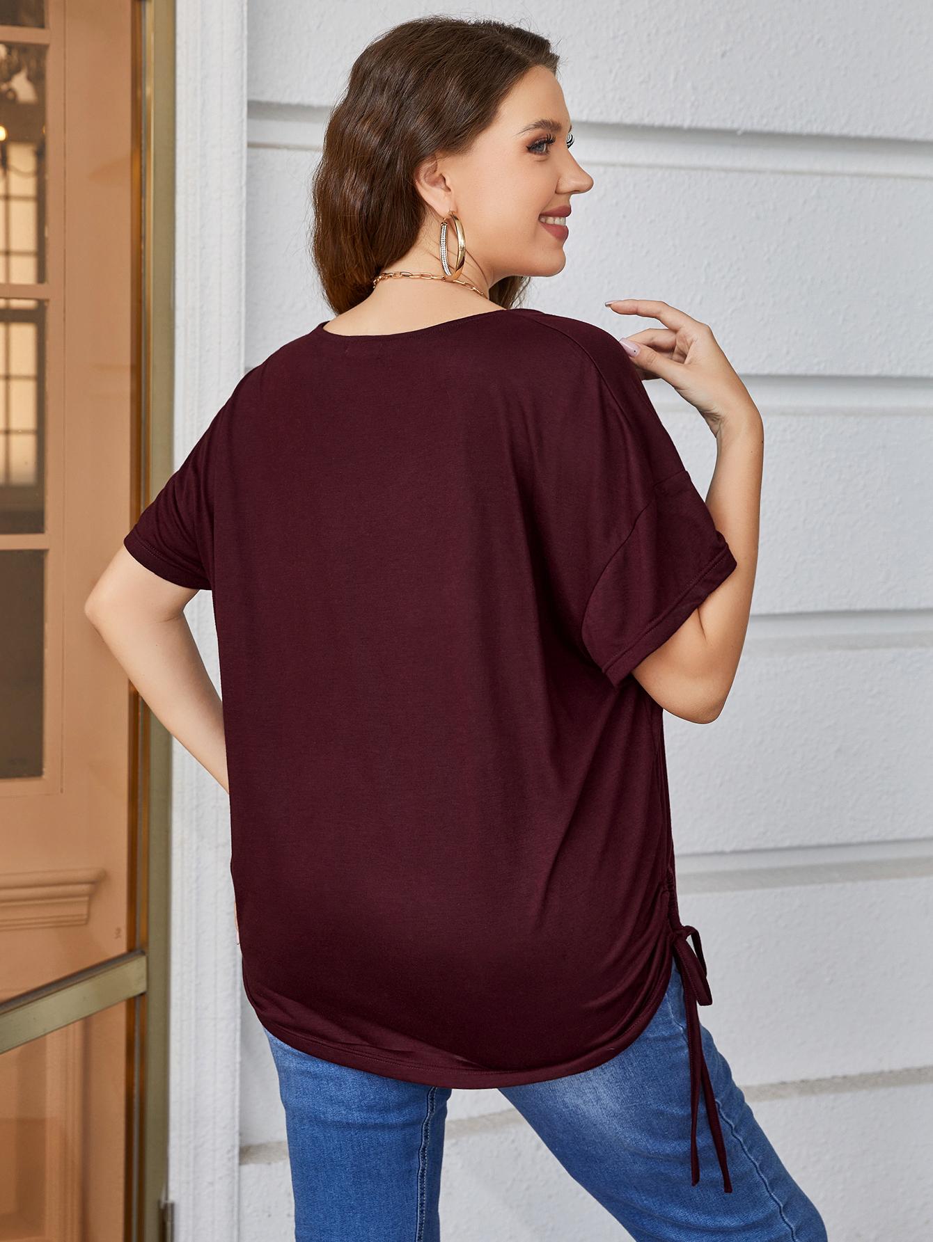 Plus Size Drawstring V-Neck Short Sleeve Blouse-Jewearrings