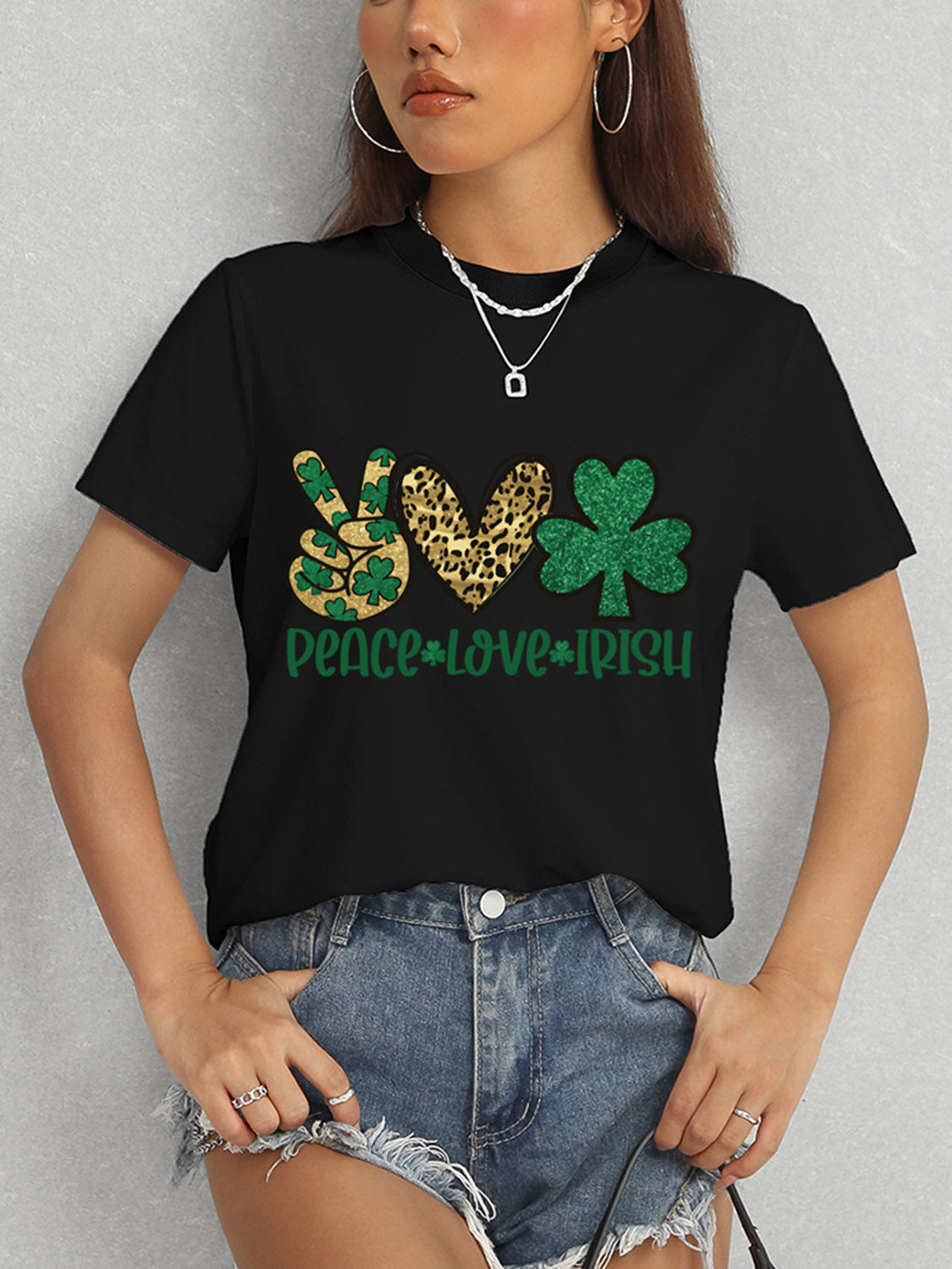 PEACE LOVE IRISH Round Neck Short Sleeve T-Shirt-Jewearrings