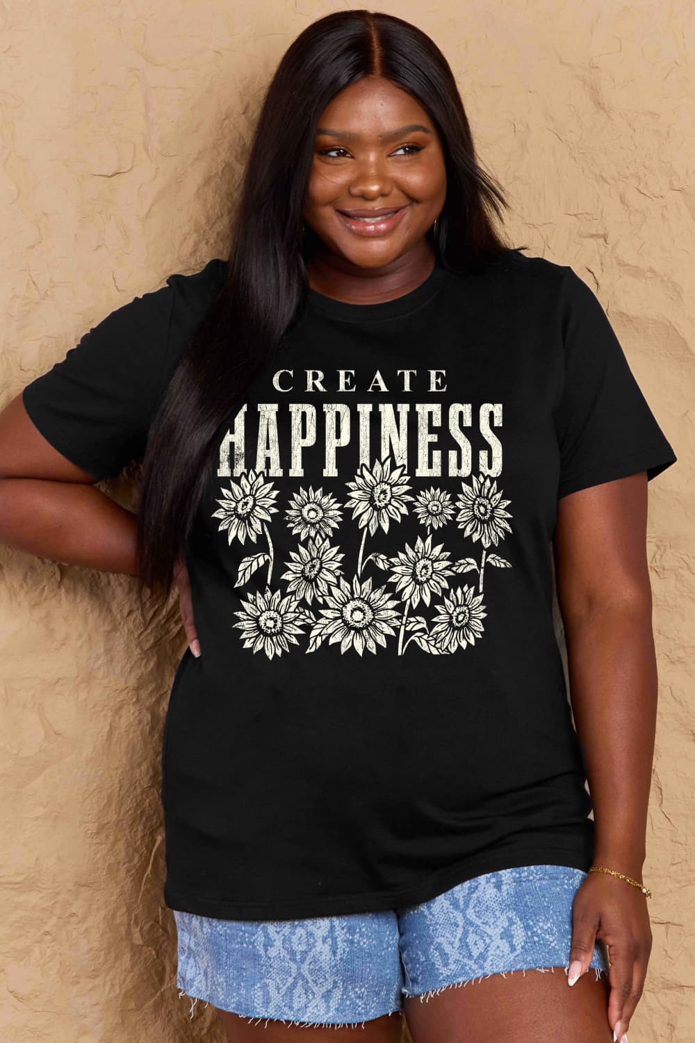 Simply Love Full Size CREATE HAPPINESS Graphic Cotton T-Shirt-Jewearrings