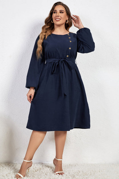 Melo Apparel Plus Size Buttoned Tie Belt Round Neck Long Sleeve Dress-Jewearrings