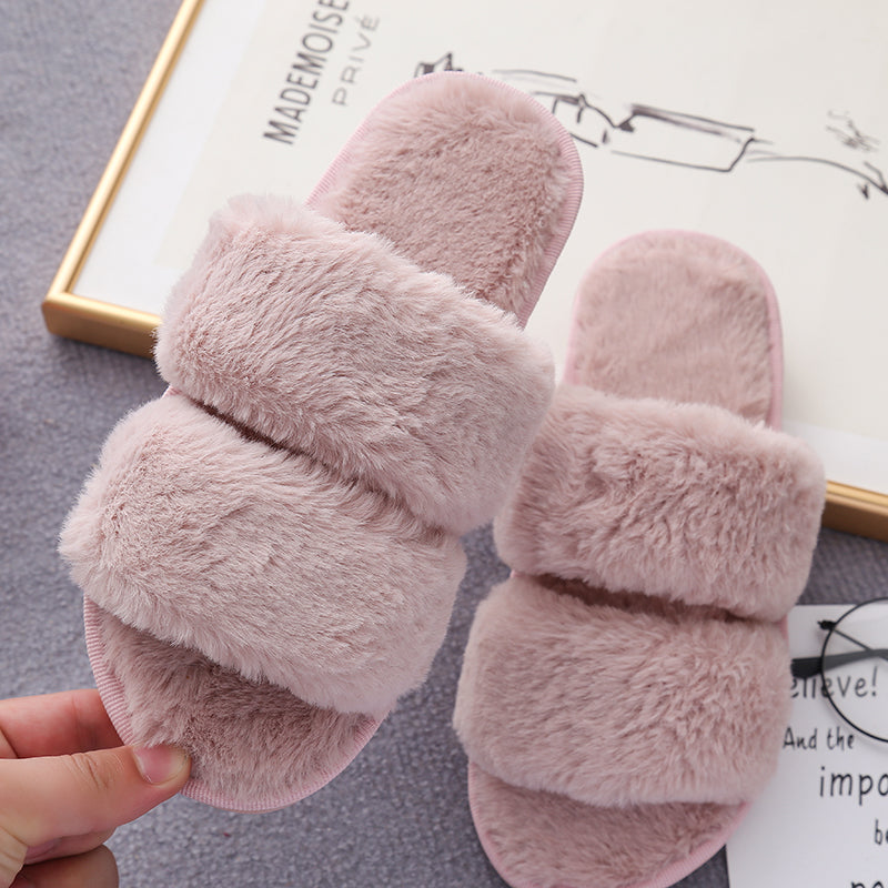 Faux Fur Double Strap Slippers-Jewearrings