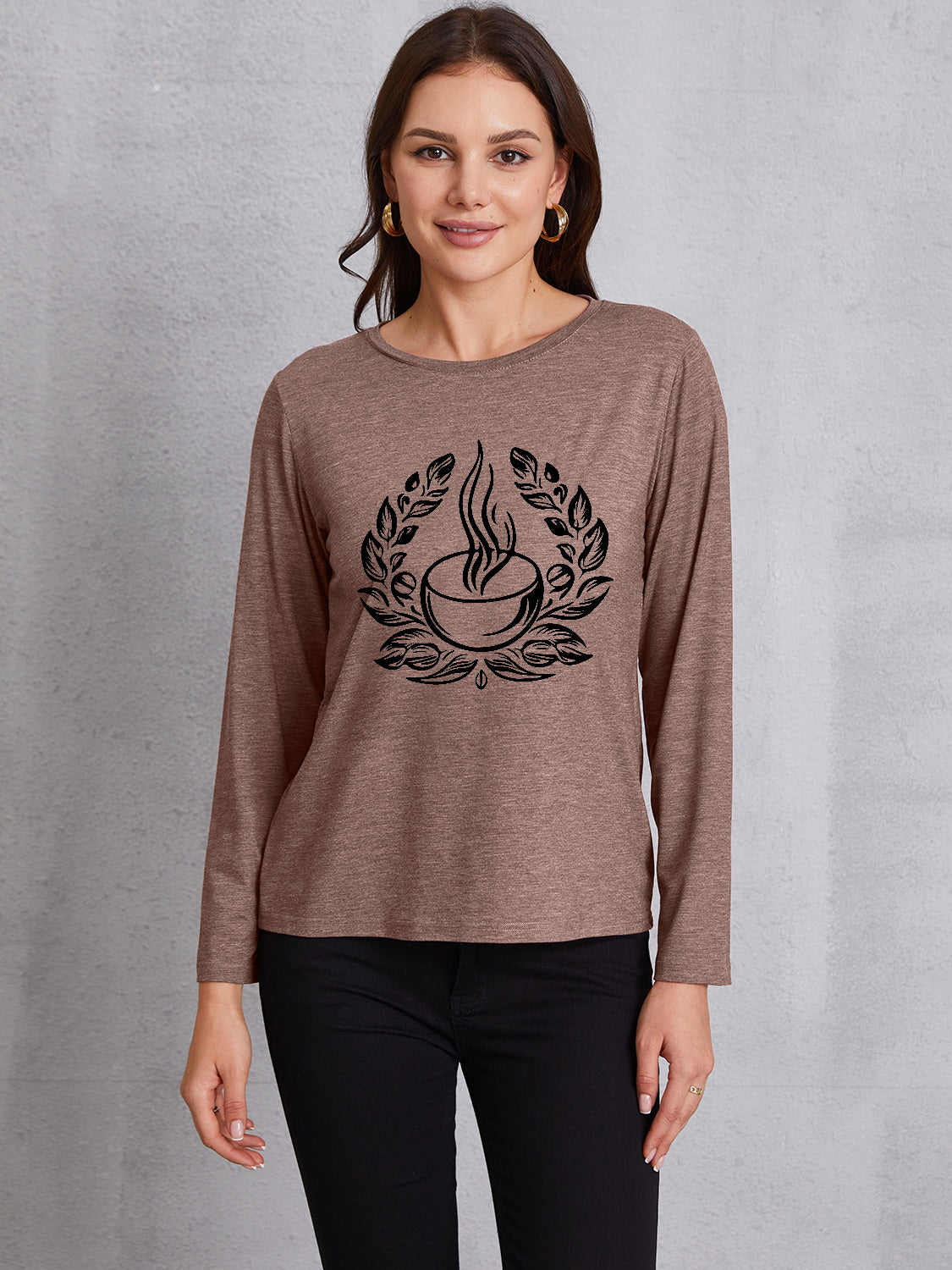 Coffee Graphic Round Neck Long Sleeve T-Shirt-Jewearrings