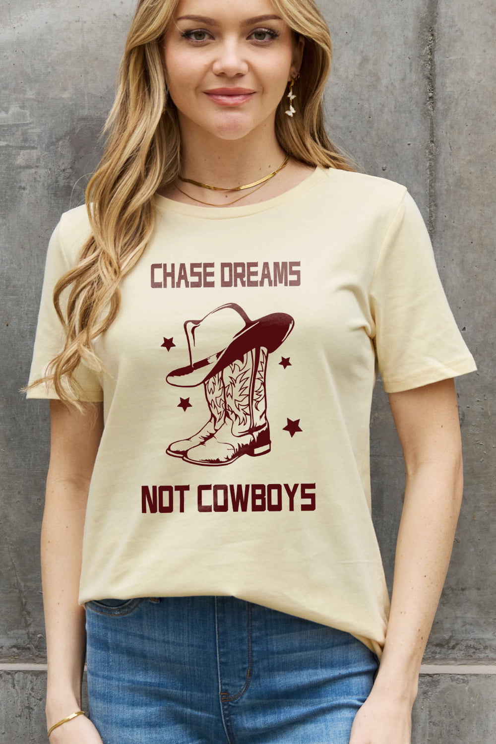 Simply Love Simply Love Full Size CHASE DREAMS NOT COWBOYS Graphic Cotton Tee-Jewearrings