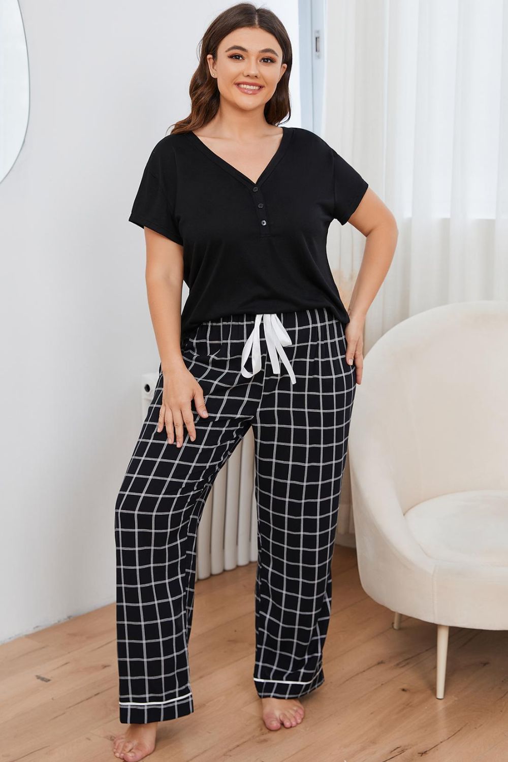 Plus Size V-Neck Top and Plaid Pants Lounge Set-Jewearrings