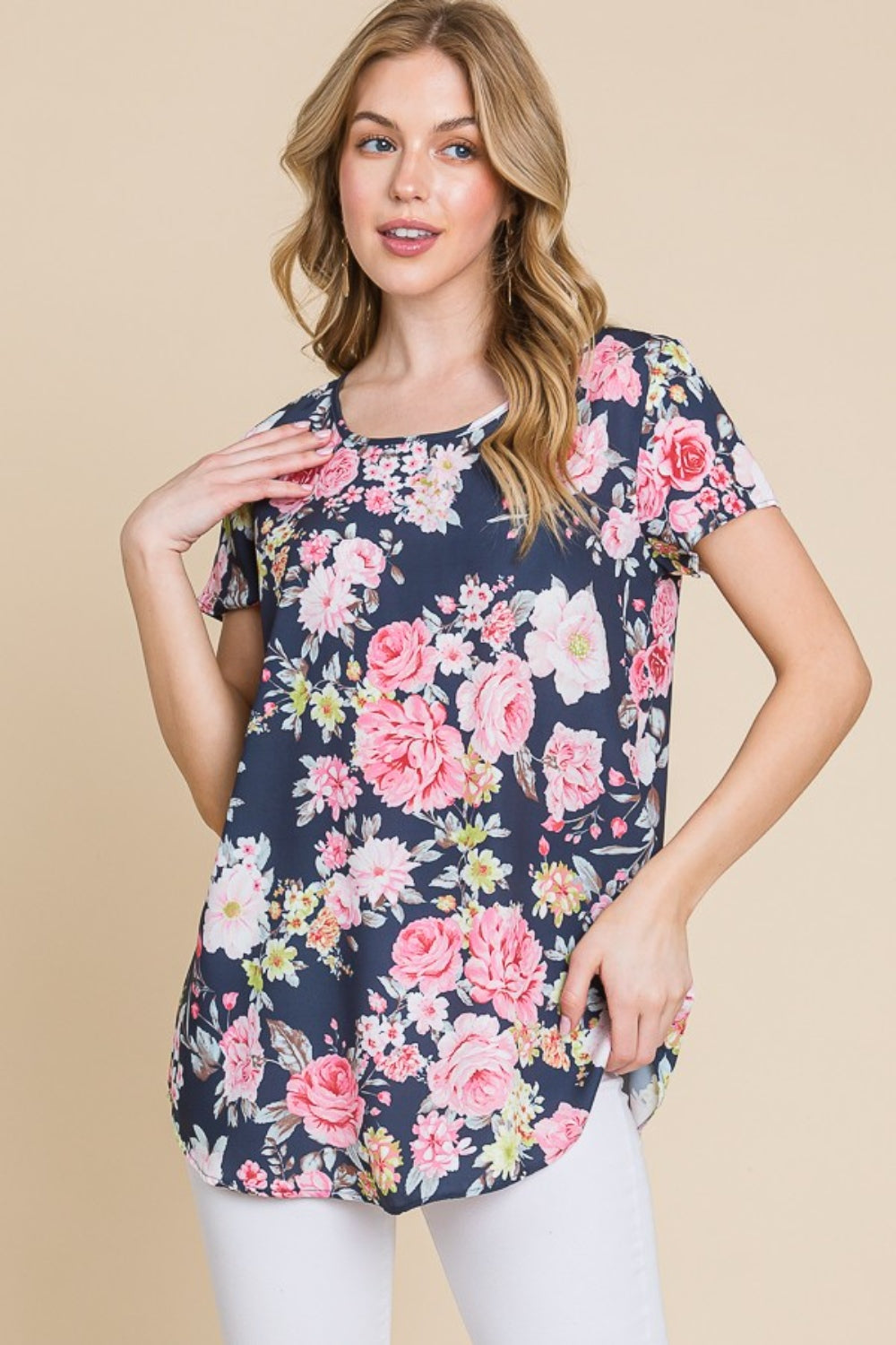 BOMBOM Floral Round Neck Short Sleeve T-Shirt-Jewearrings