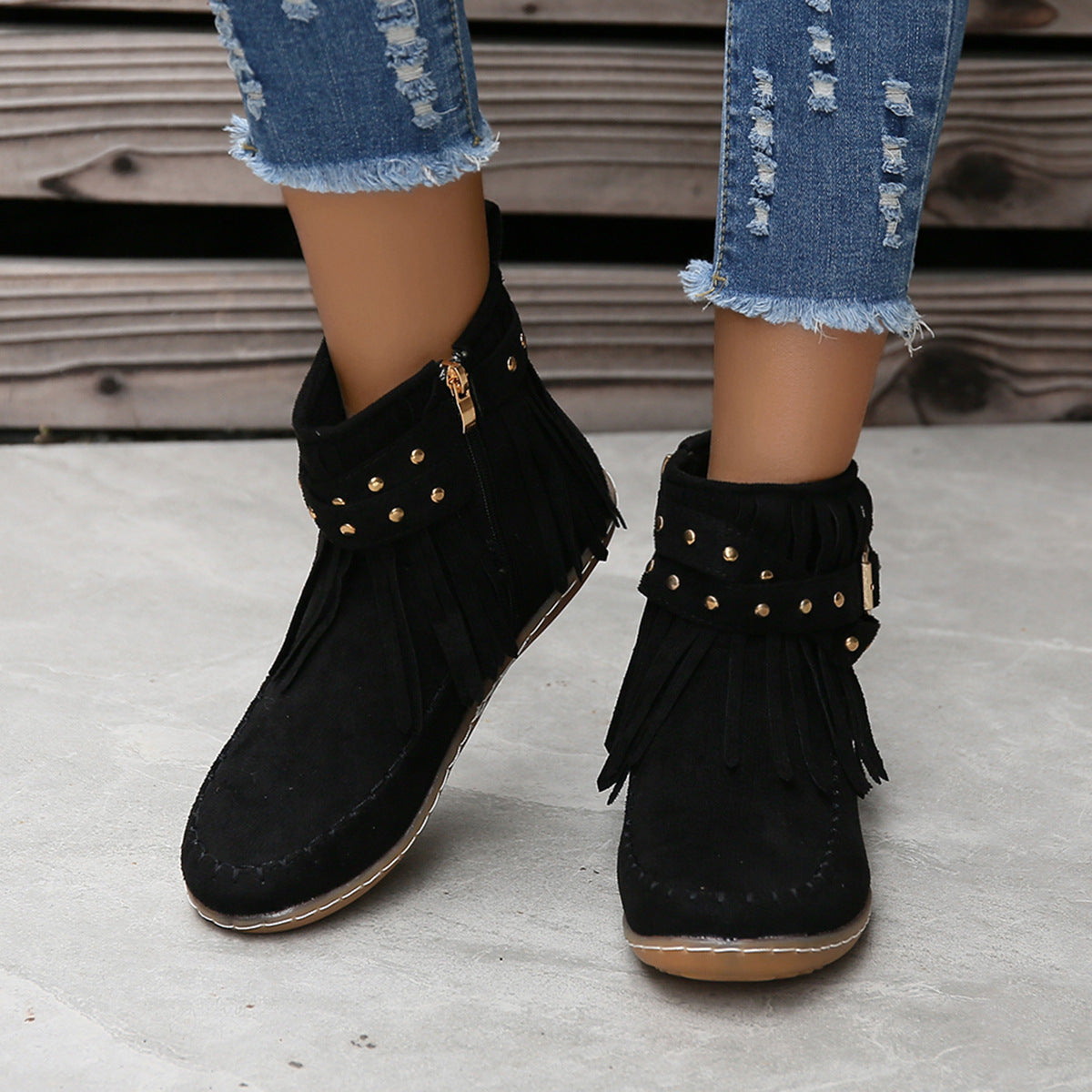 Studded Fringe Round Toe Boots-Jewearrings