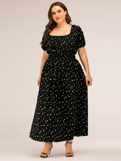 Plus Size Polka Dot Square Neck Dress-Jewearrings