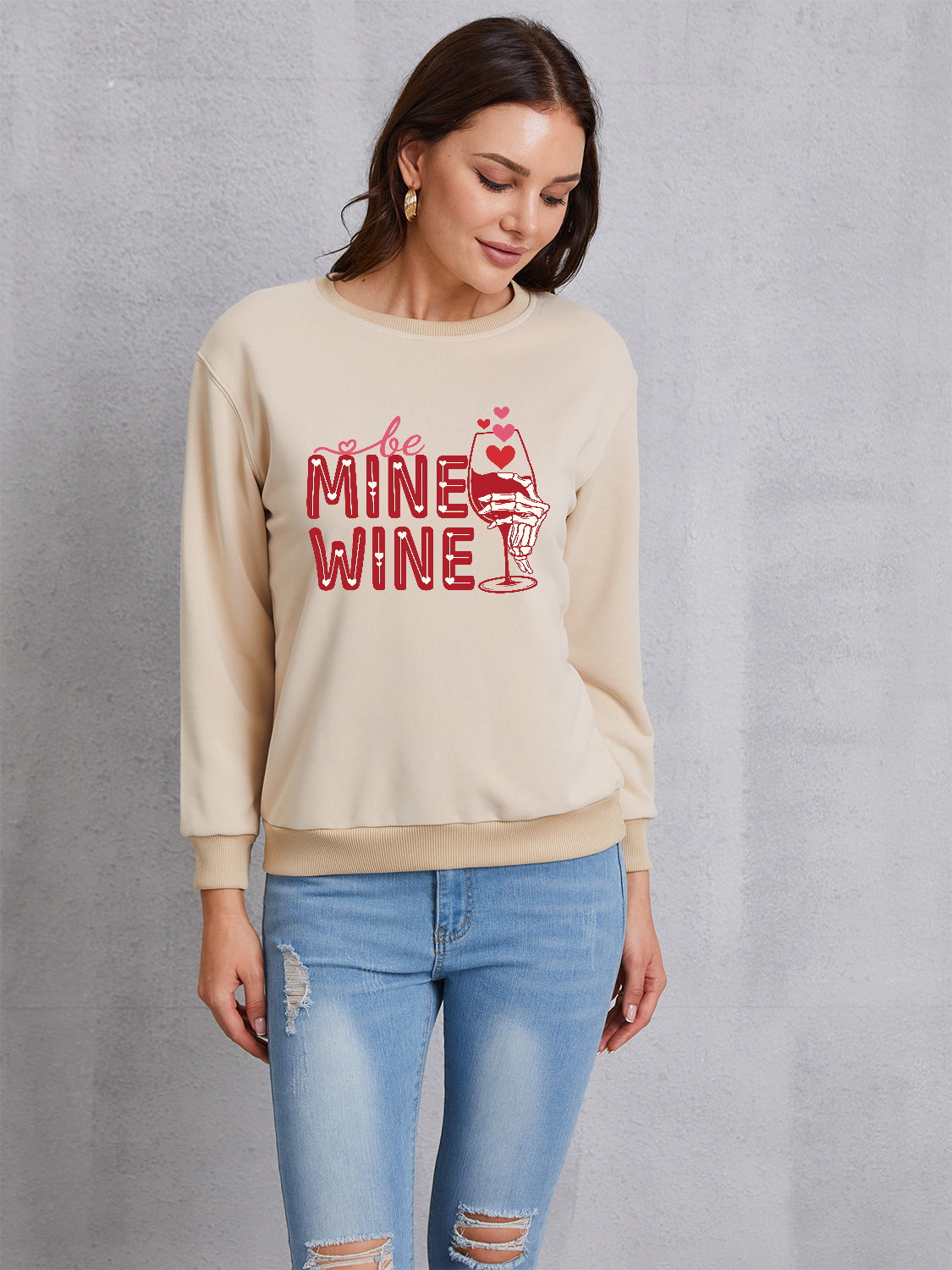 BE MINE WINE Round Neck Long Sleeve Sweatshirt-Jewearrings