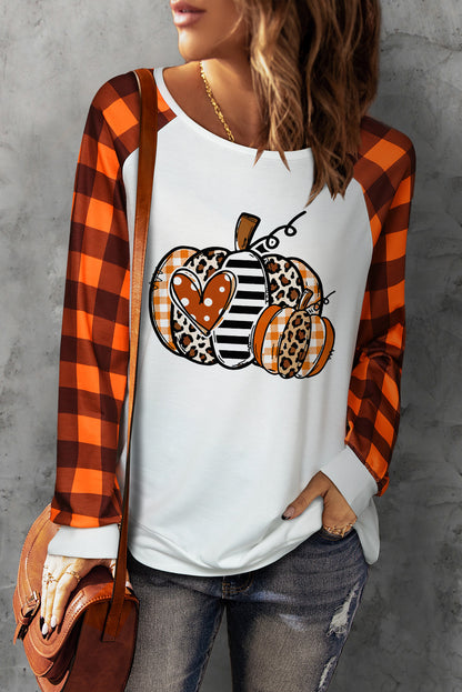 Pumpkin Graphic Round Neck Long Plaid Sleeve Tee-Jewearrings