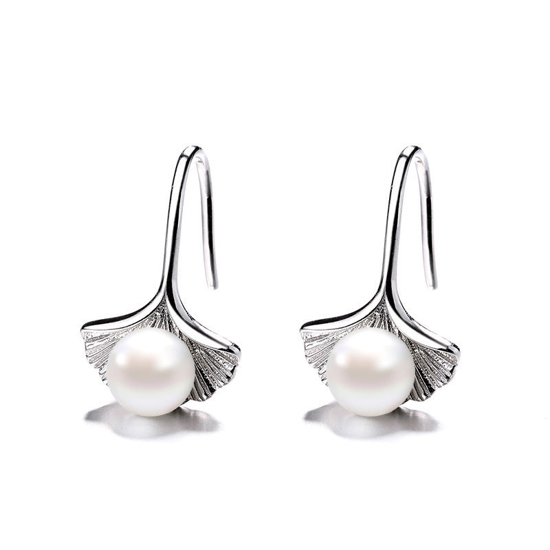 Sterling Silver Earrings Ginkgo Leaf Pearl Female-Jewearrings