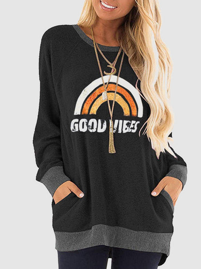 Rainbow Graphic Round Neck Sweatshirt with Pockets-Jewearrings