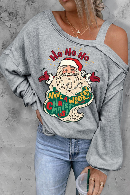 Santa Claus Graphic Asymmetrical Neck Long Sleeve Top-Jewearrings